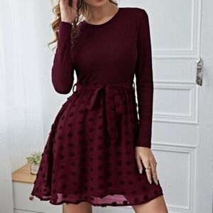 Burgundy Long Sleeve Textured Chiffon Skirt Belted Dress – Size S
